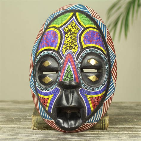 Beaded Black Wood African Mask With Brass Inlay Colors Of Ghana NOVICA