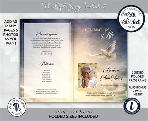 Sunburst Dove Funeral Program Obituary Template Celebration Etsy