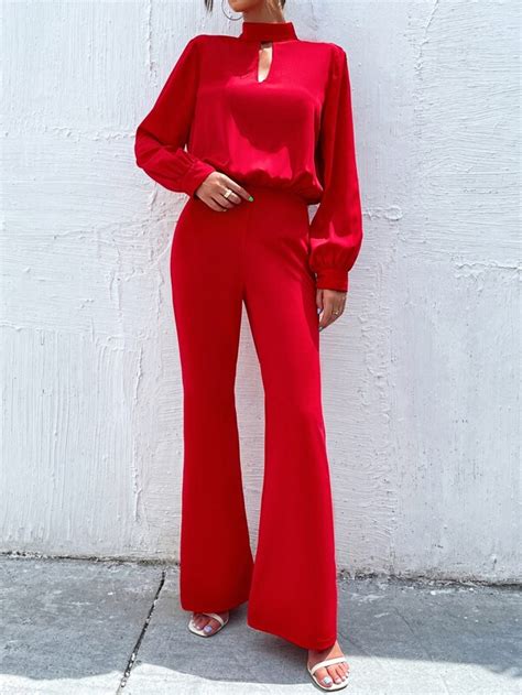 Shein Privé Keyhole Neck Lantern Sleeve Flare Leg Jumpsuit Without Belt