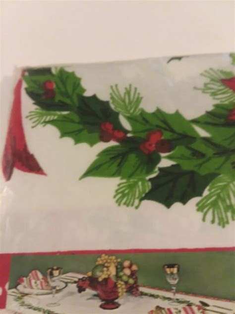 Nos Vintage Sunweave Linen Rn33135 Christmas Tablecloth 60×86 Poinsettia Holly Ebay