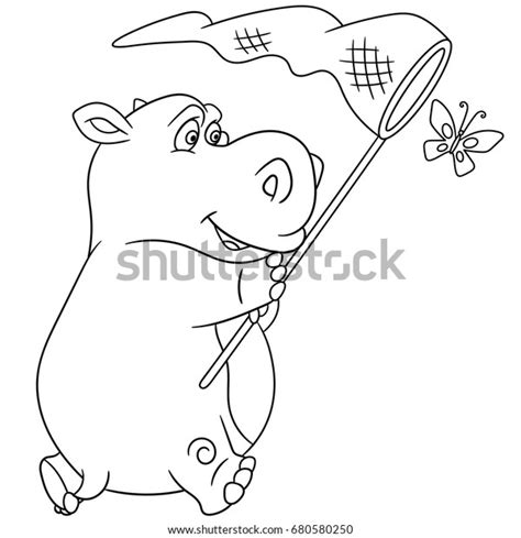 Coloring Page Hippo Hippopotamus Behemoth Butterfly Stock Vector Royalty Free 680580250