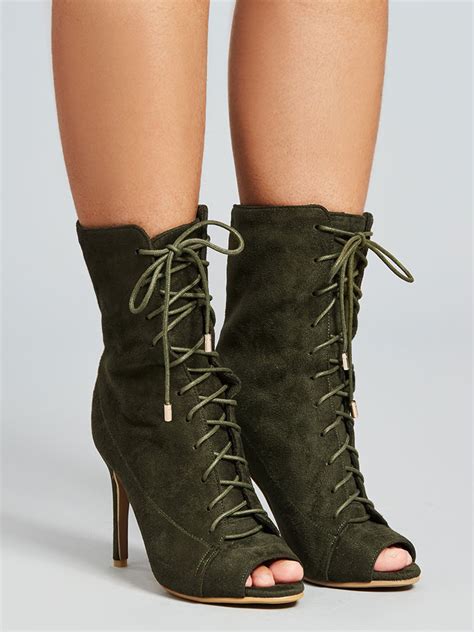 Women Ankle Boots Olive Peep Toe Lace Up Booties High Heel Sandal Booties