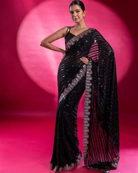 Black Color Georgette With Sequence Work Designer Saree Etsy