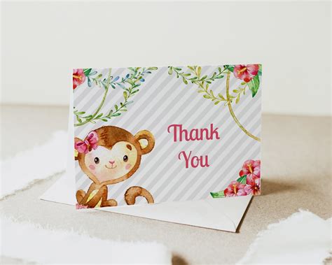 Baby Girl Monkey Thank You Cards Folded Cards Template Etsy