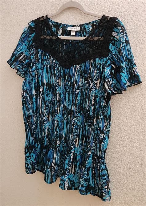 Dressbarn Bluegreen Black Boat Neck Pleated Pullove Gem