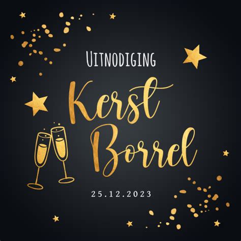 Kerstborrel Uitnodiging Zwart Sterren Goudfolie