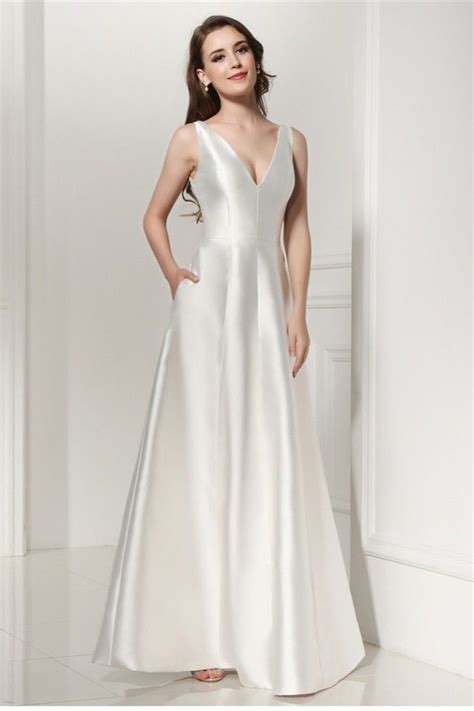 Simple Elegant A Line V Neck Plain White Satin Wedding Dress Plain