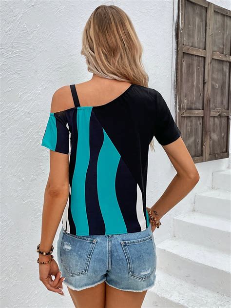 Shein Lune Blusa De Color Combinado De Cuello Asim Trico Con Dise O De