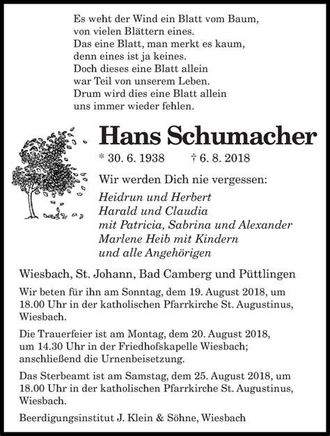 Traueranzeigen Von Hans Schumacher Saarbruecker Zeitung Trauer De