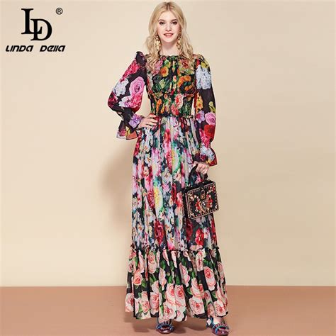 LD LINDA DELLA Robe Maxi Manches Longues Pour Femme Taille Lastique