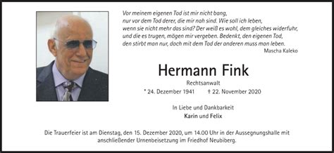 Traueranzeigen Von Hermann Fink SZ Gedenken De