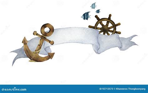 Watercolor Illustration With Ribbon For Text And Nautical Anchor