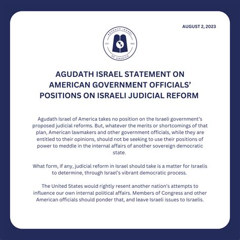 Agudath Israel Statement On American Government Officials Positions On