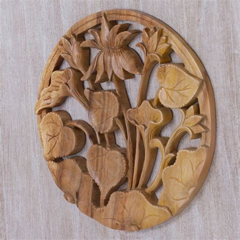 Unicef Market Hand Carved Suar Wood Lotus Wall Relief Panel From Bali