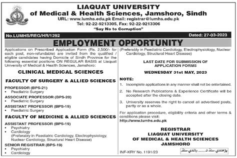 Liaquat University Of Medical Health Sciences LUMHS Jobs 2024 Job