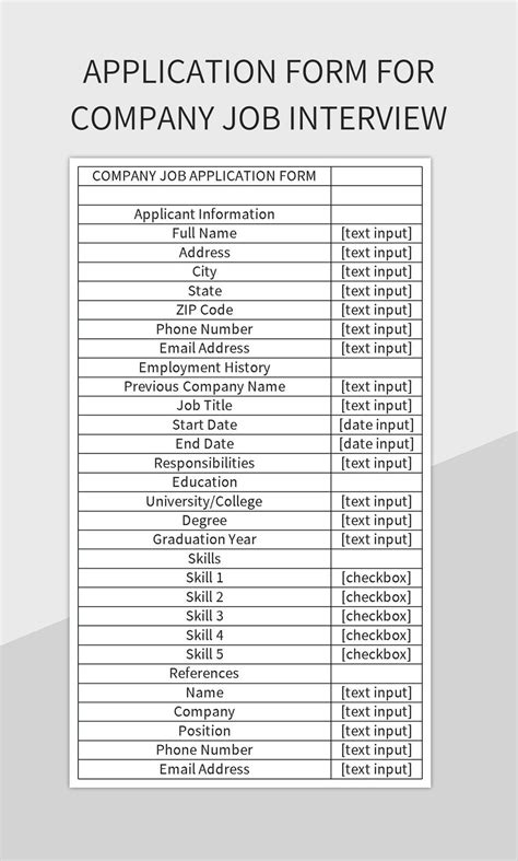 Application Form For Company Job Interview Excel Template And Google