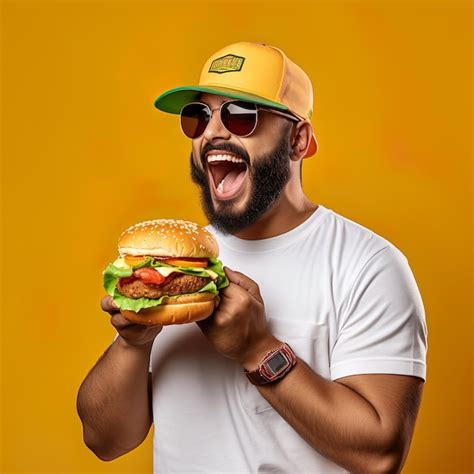 Premium Photo Portrait Of A Man Eating Burger Generative Ai