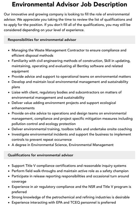 Environmental Advisor Job Description Velvet Jobs