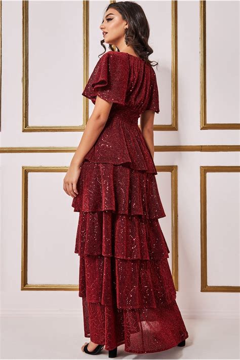 Goddiva Sequin Lurex Tiered Maxi Dress Wine