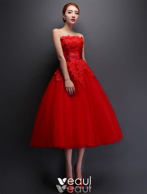 Strapless Applique Lace Flowers Tea Length Short Wedding Dress With