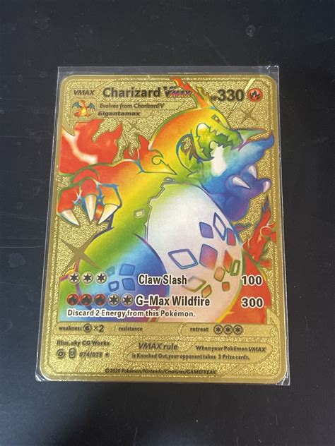 Mavin Pokemon Gold Solid Metal Card Rainbow Charizard Vmax Hp330 Charzard Cards