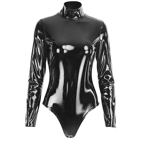 Mqlkf Sexy Pu Bright Leather Bodysuit Women Long Sleeve Turtleneck Slim