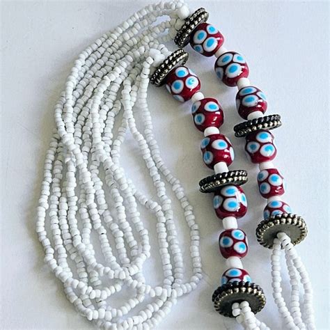 Vintage Long White Seed Bead And Art Glass Necklace Gem