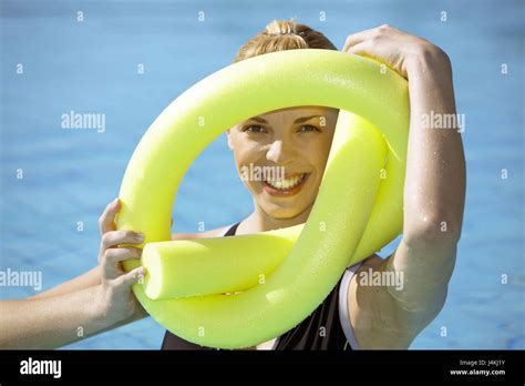 Swimming Pool Woman Young Pool Noodle Knots View Camera Laugh