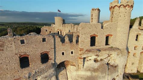 Aerial View On Castle In Ogrodzieniec At Sunset Poland Filmed On Fpv