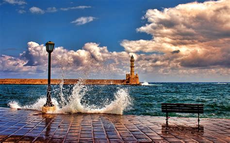 Nature Architecture Landscape Sea Waves Lighthouse Clouds Greece