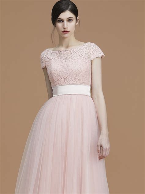 A Line Princess Bateau Short Sleeves Floor Length Sash Ribbon Belt