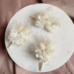 Dried Flowers Boutonniere With Hydrangea And Pampas Grass Boho White