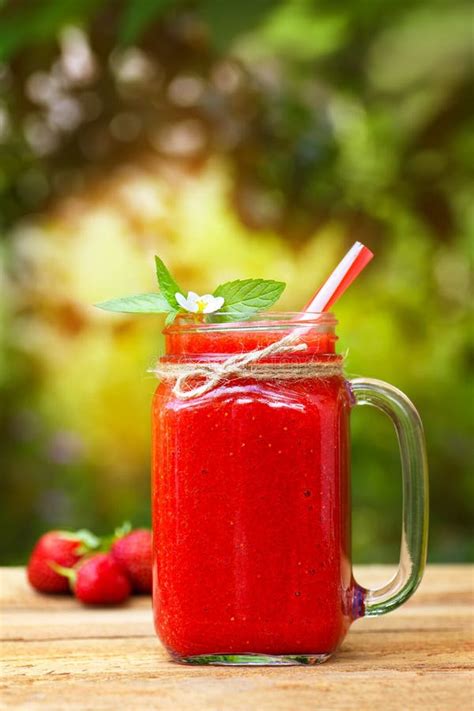 Strawberry Smoothie In Mason Jar Stock Photo Image Of Blended