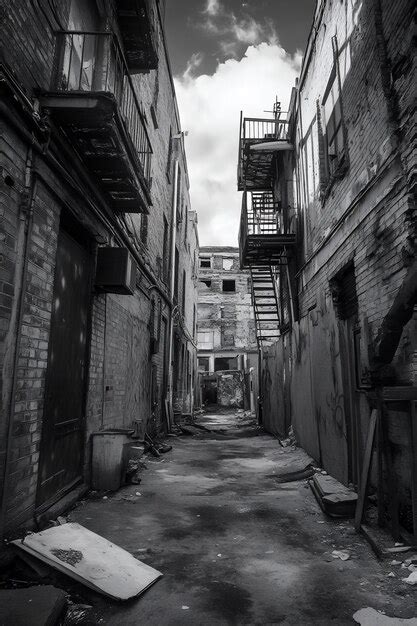 A Black And White Photo Of An Alley With A Staircase That Says The