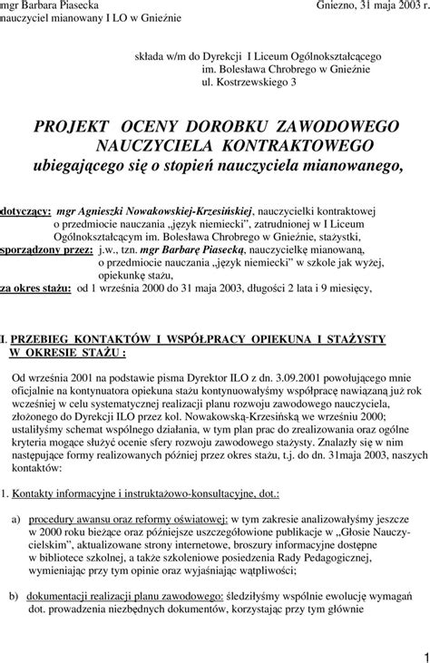 PROJEKT OCENY DOROBKU ZAWODOWEGO NAUCZYCIELA KONTRAKTOWEGO Ubiegajcego