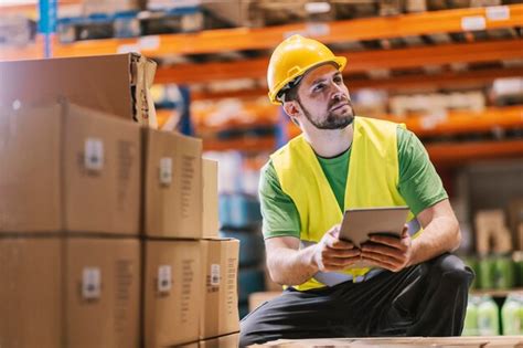 Premium Photo | A warehouseman crouching and adding orders for export ...