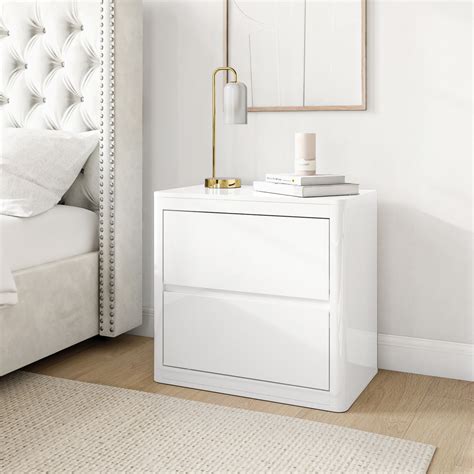 White High Gloss 2 Drawer Bedside Table With Curved Edges Lexi