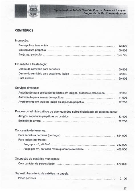 Tabela de Taxas e Licenças