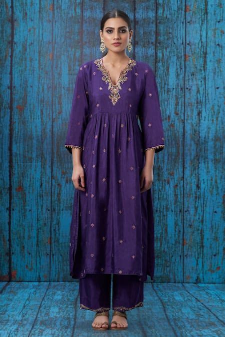 Buy Purple Silk Embroidered Floral Notched Kurta And Palazzo Set For