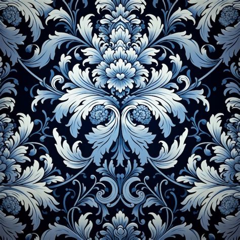 Elegant Black And White Damask Pattern On Dark Blue Background