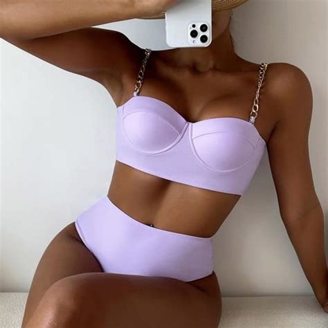 Bikini maillot de bain jarretelle femmes chaîne Sexy couleur unie