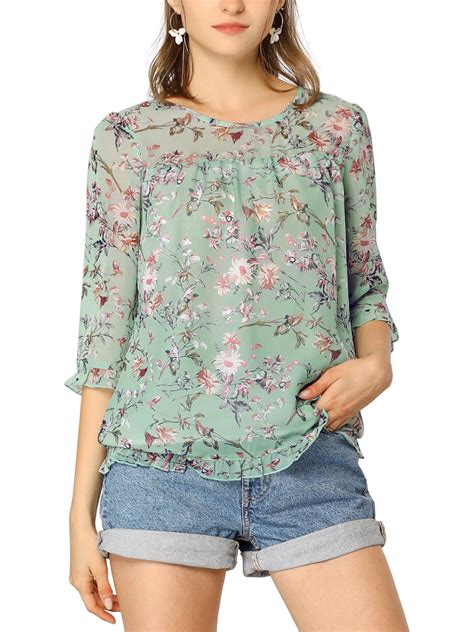 Allegra K Allegra K Womens Floral Print Chiffon Ruffle 34 Sleeve