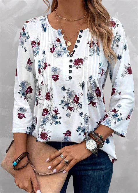 Rotita Tuck Stitch Floral Print White Split Neck Blouse Rotita