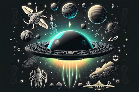 Premium AI Image | Background of an alien ufo with realistic drawing of space travel symbols