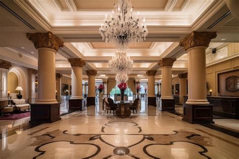 Premium Ai Image Luxurious Hotel Lobby With Marble Floors Chandeliers