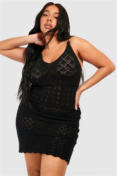 Womens Plus Knitted Strappy Crochet Mini Dress Boohoo Uk