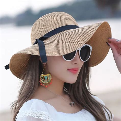 Summer Hats Women's Foldable Wide Large Brim Beach Sun Hat Straw Beach Breathable Cap For Ladies ...