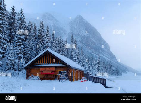 Cabin at lake louise winter snow banff national park hi-res stock ...