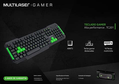 Teclado Gamer Multilaser Hotkeys Multimídia Preto Verde TC201