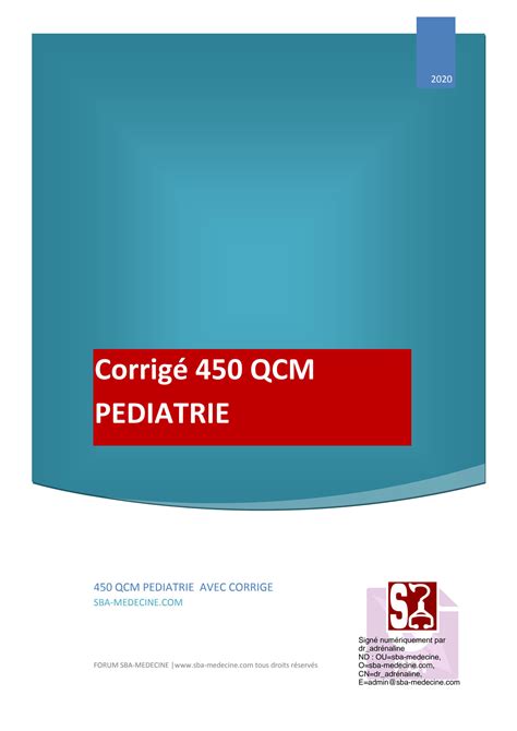 SOLUTION Sba Medecine Corrig 450 Qcm P Diatrie 2020 Studypool